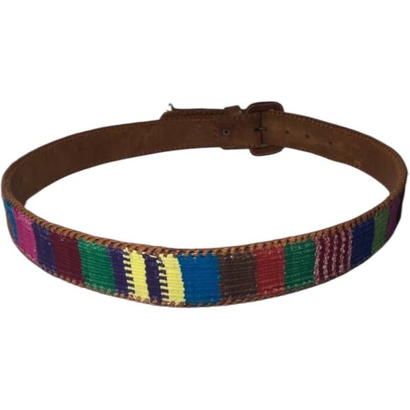 Handcrafted Artisan Guatemalan Leather & Woven Cotton Belt, Unisex Size 34 - Picture 1 of 5